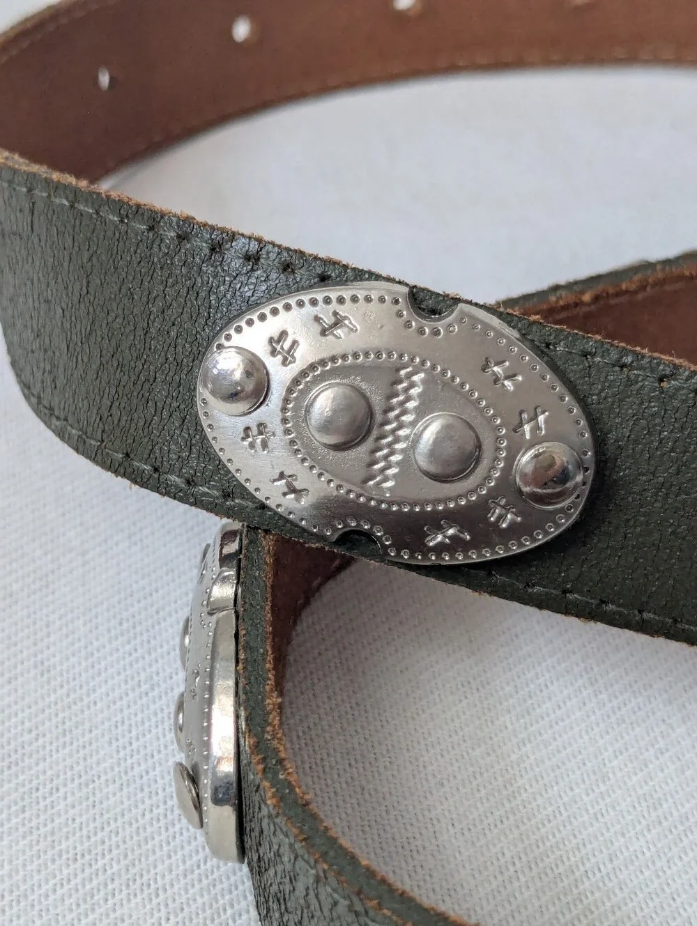 Axcess Dark Green Genuine Leather Belt Western-Style Silver Conchos